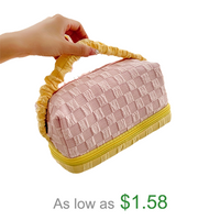 Colorblock Plaid Pattern Makeup Bag Zipper Portable Cosmetic Bag Travel Bag With Ruched Strap