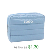 Hot Sale Embroidered Nylon Beauty Travel Toiletry Bag Wholesale Bulk Custom Logo Blue Quilted Nylon Cosmetic Makeup Bag