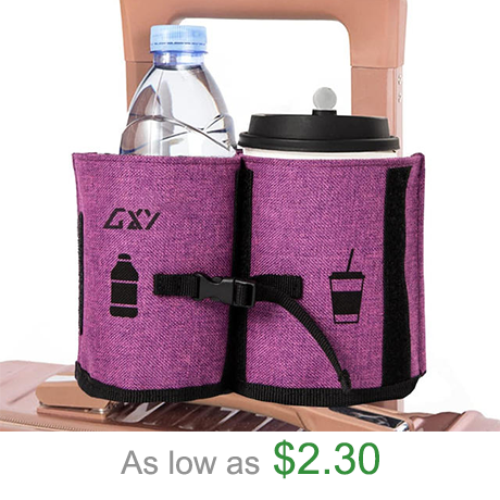 Luggage Travel Cup Holder Drink Caddy Bag Hold Two Coffee Mugs Fits Roll on All Suitcase Handles Portable Universal Traveler Accessory for Men Women Purple