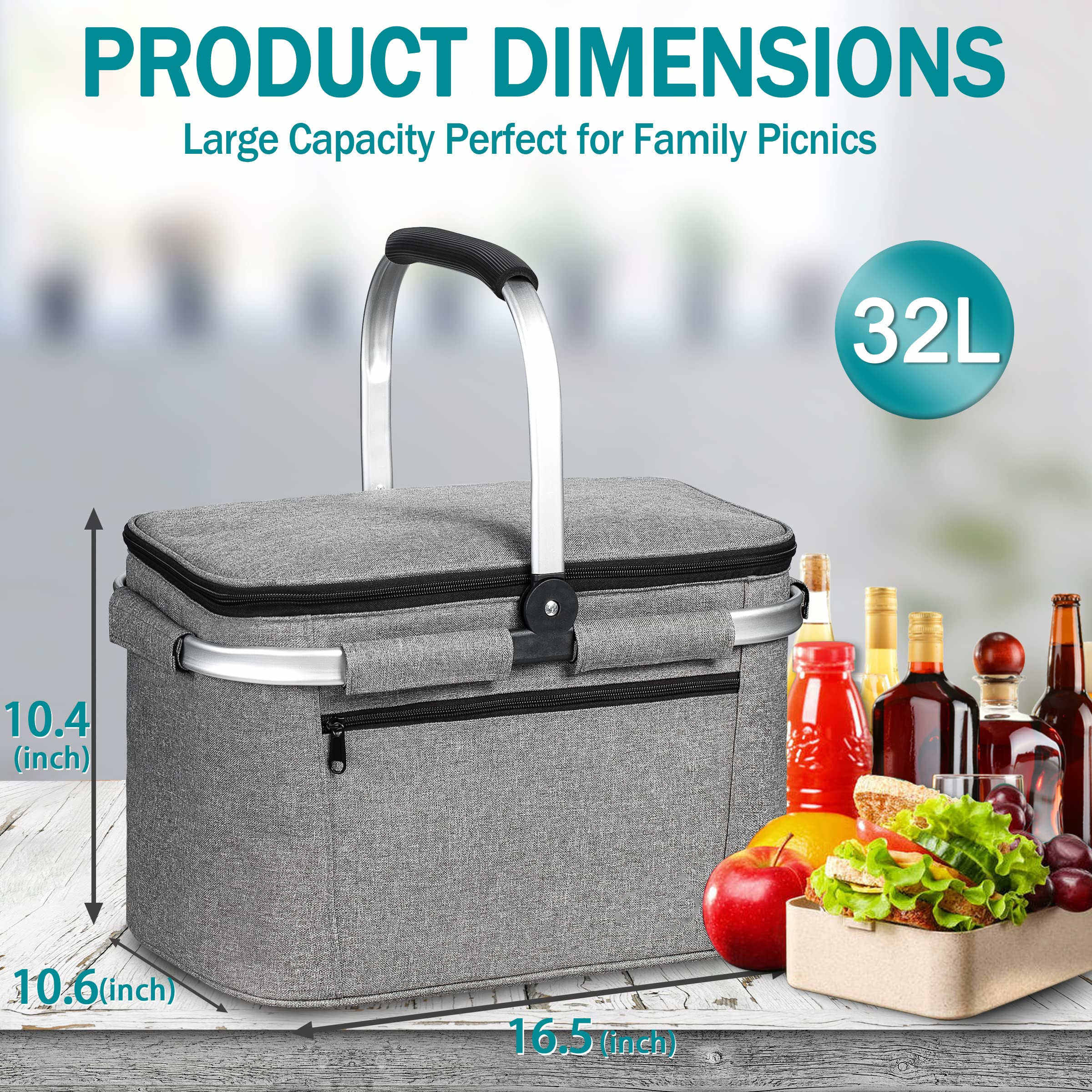 Insulated Picnic Basket 32l Portable Collapsible Wine Beer Can Grocery Bags Leak Proof Cooler Basket For Shopping