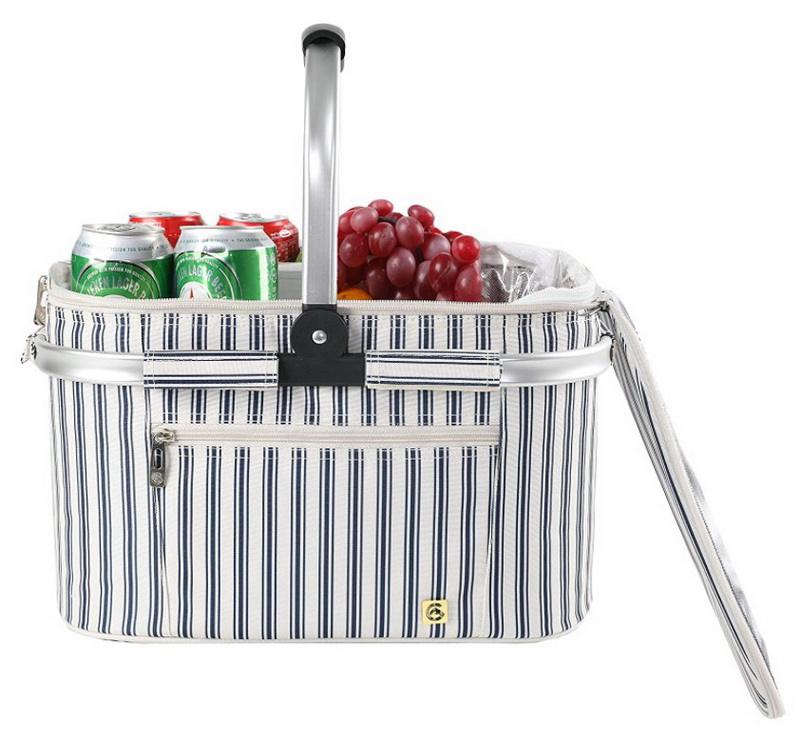 Striped Fabric Waterproof Food Thermal Insulated Bags Custom Foldable Outdoor Picnic Bag Cooler Picnic Basket