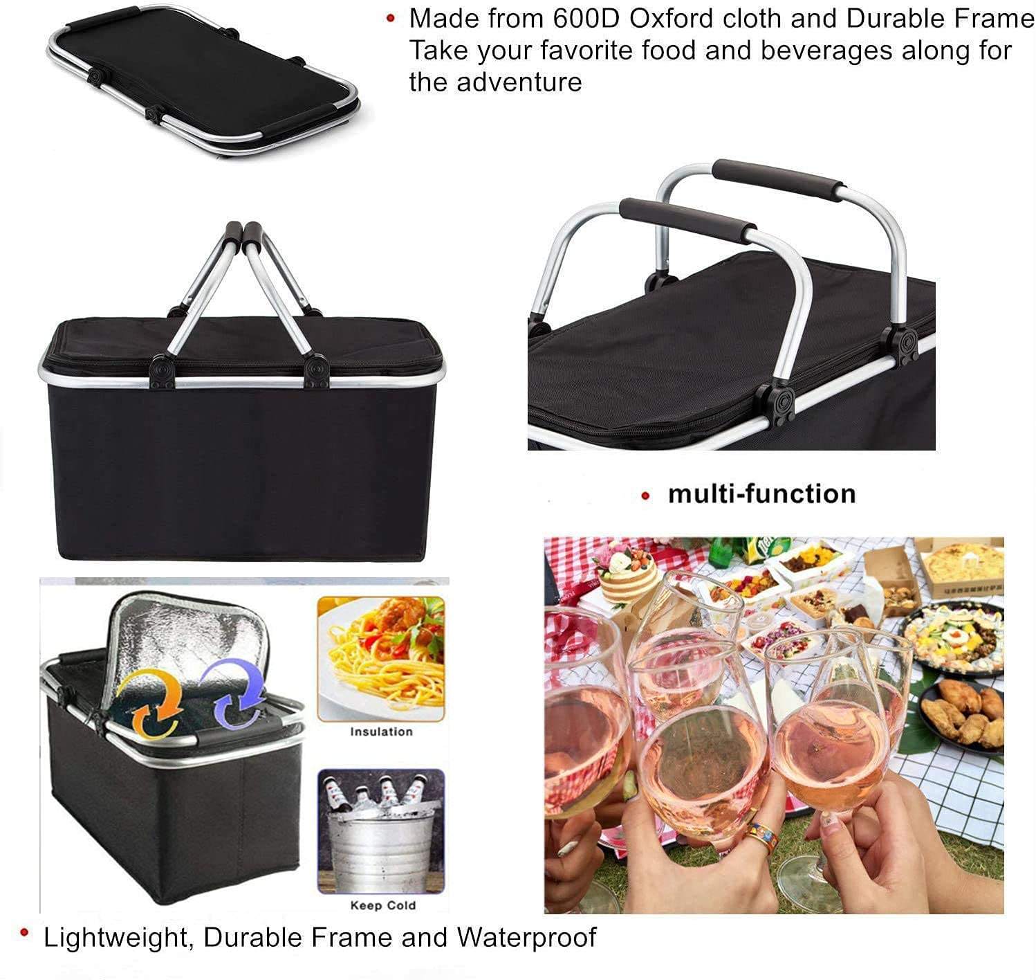 Folding Picnic Basket Large Capacity Insulation Picnic Basket Cooler Collapsible with Lid