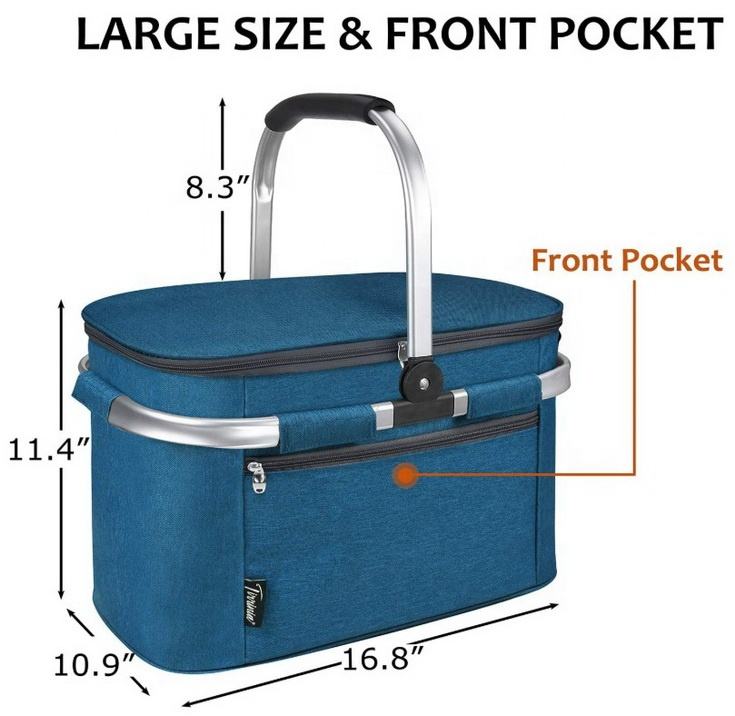 26L Large Capacity Camping Basket Shape Handle Picnic Shopping Food Fruit Can Waterproof Cooler Bag