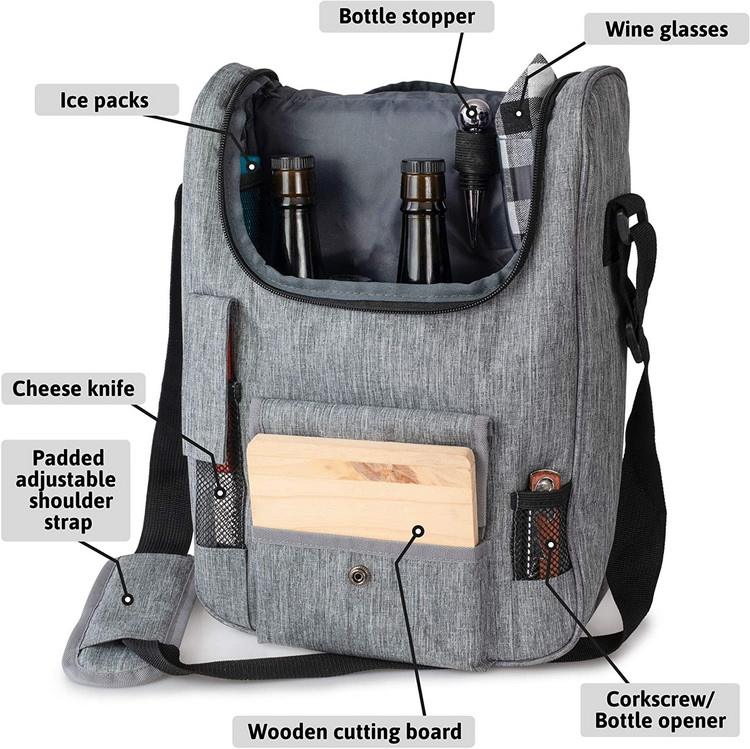 Multifunctional convenient custom logo travel outside insulated 2 bottle wine bag tote carrier with pockets