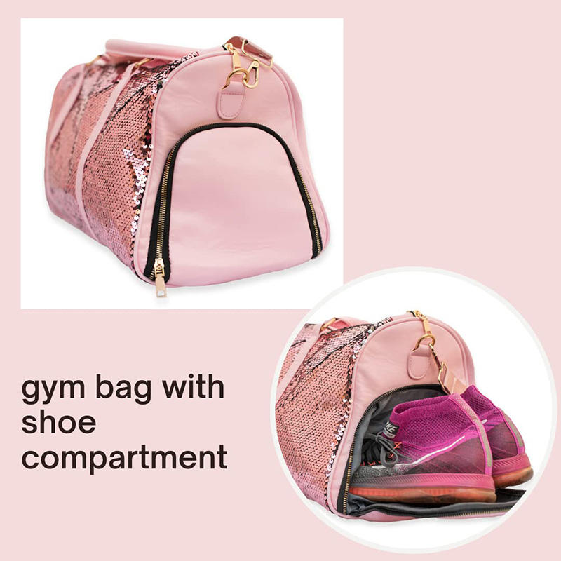 Wholesale Fashion Pink Sequin Gym Sport Tote Bag Weekender Overnight Travel Duffle Bag With Shoes Compartment