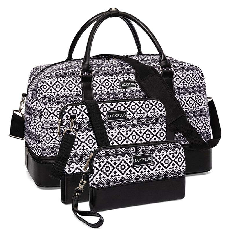 Leather trimming custom printing duffel sling bag cosmetic pouch traveling bag set for women weekend duffle travel bag set