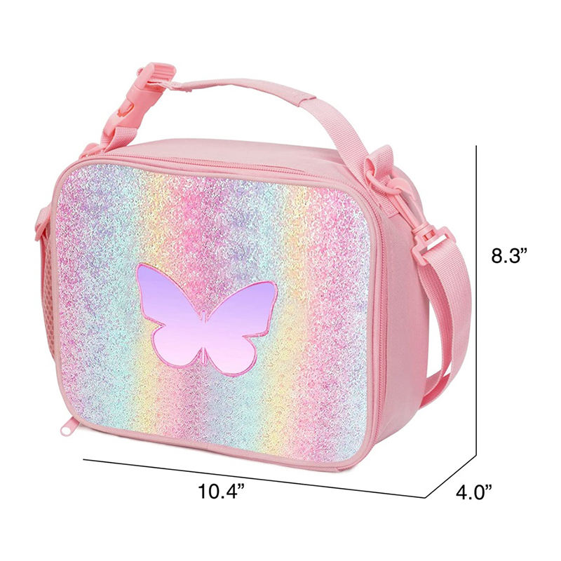 Custom Butterfly Lunch Bags Kids School Insulated Girls Rainbow Glitter Lunch Box with Detachable Shoulder Strap