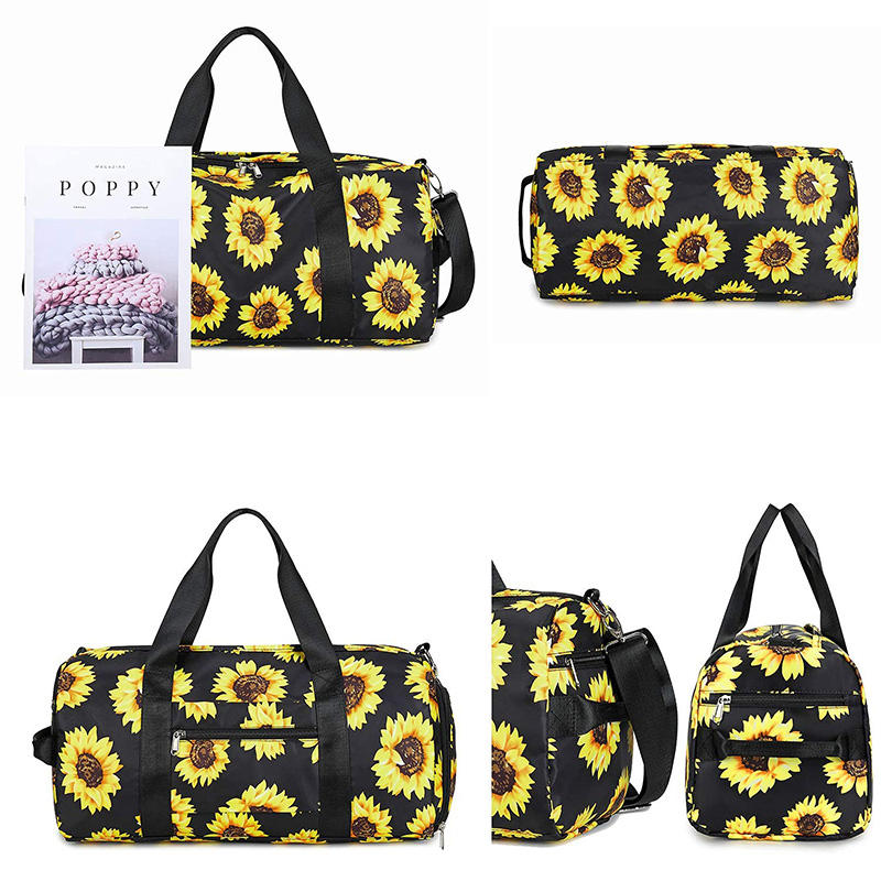 Cute Sunflower Printing Women Gym Sport Bag Weekend Overnight Travel Duffle Tote Bag With Shoe Compartment