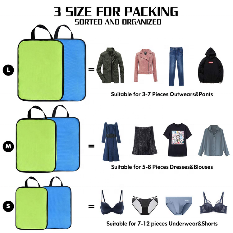 6 pieces multi-propose cloth travel luggage organizer suitcase various size compression packing cubes for travel