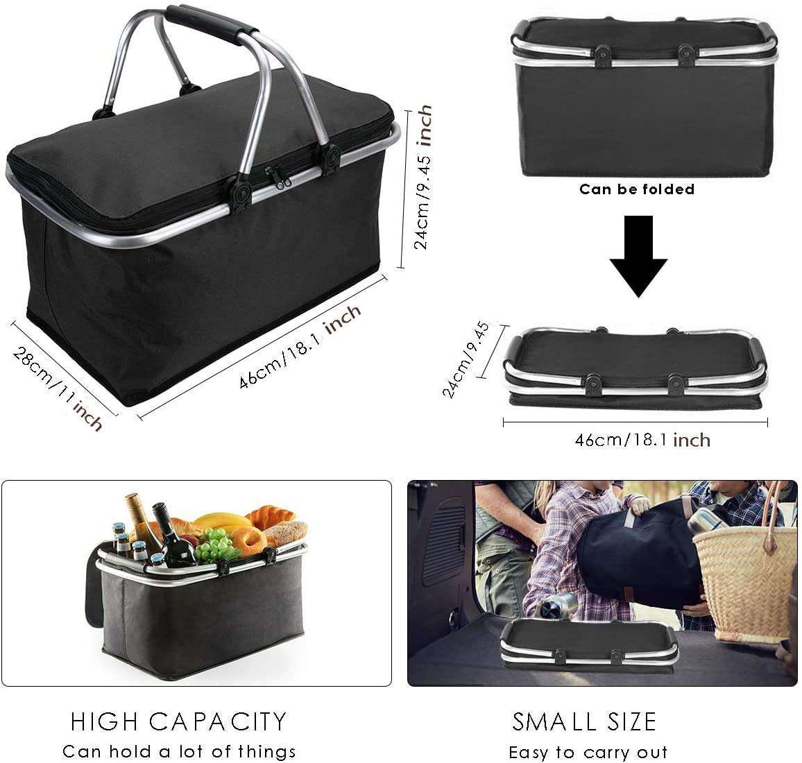 Folding Picnic Basket Large Capacity Insulation Picnic Basket Cooler Collapsible with Lid