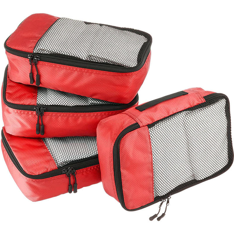 Multifunctional red women 4 piece mesh luggage shoe storage organizer bag set travel packing cubes for clothes