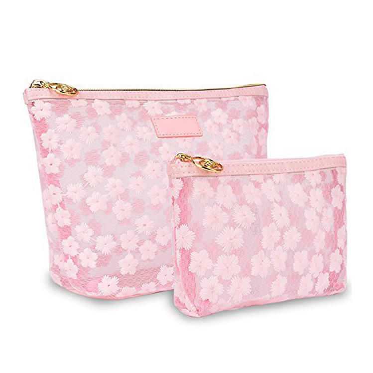 Wholesale Custom Pretty Embroidery Flower Lace Laminated PVC Makeup Zipper Pouch Cosmetic Bag
