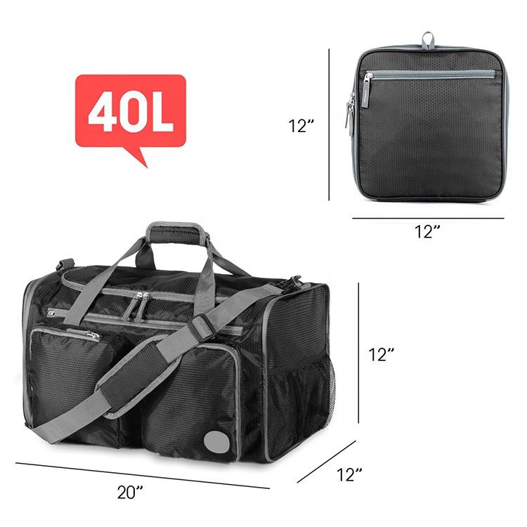 40L Gray Water Resistant Overnight Sports Gym Bag Men Custom Print Foldable Duffle Polyester Sports Bag