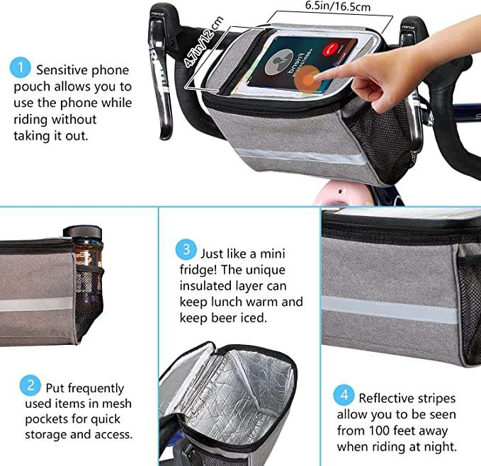 Water Resistant Insulated Thermal Bike Cooler bag, Bike Handlebar Bag with Bike Phone Mount