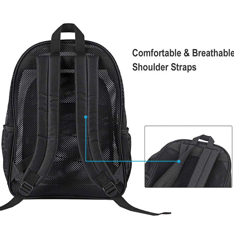 custom logo heavy duty mesh travel backpack with bungee and padded shoulder straps see through college student backpack