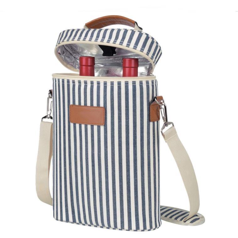 Striped customized logo picnic camping travel 2 bottle thermal wine insulated carrier tote bag portable cooler wine bag