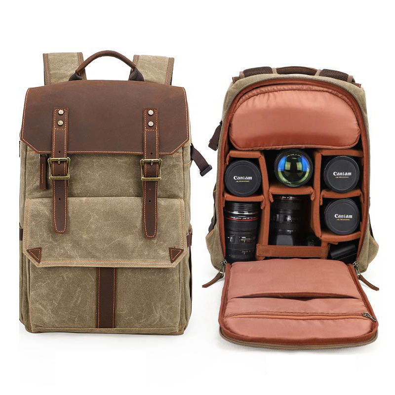 large capacity waterproof vintage slr camera bag backpack with rain cover shockproof wax canvas padded camera backpack bag