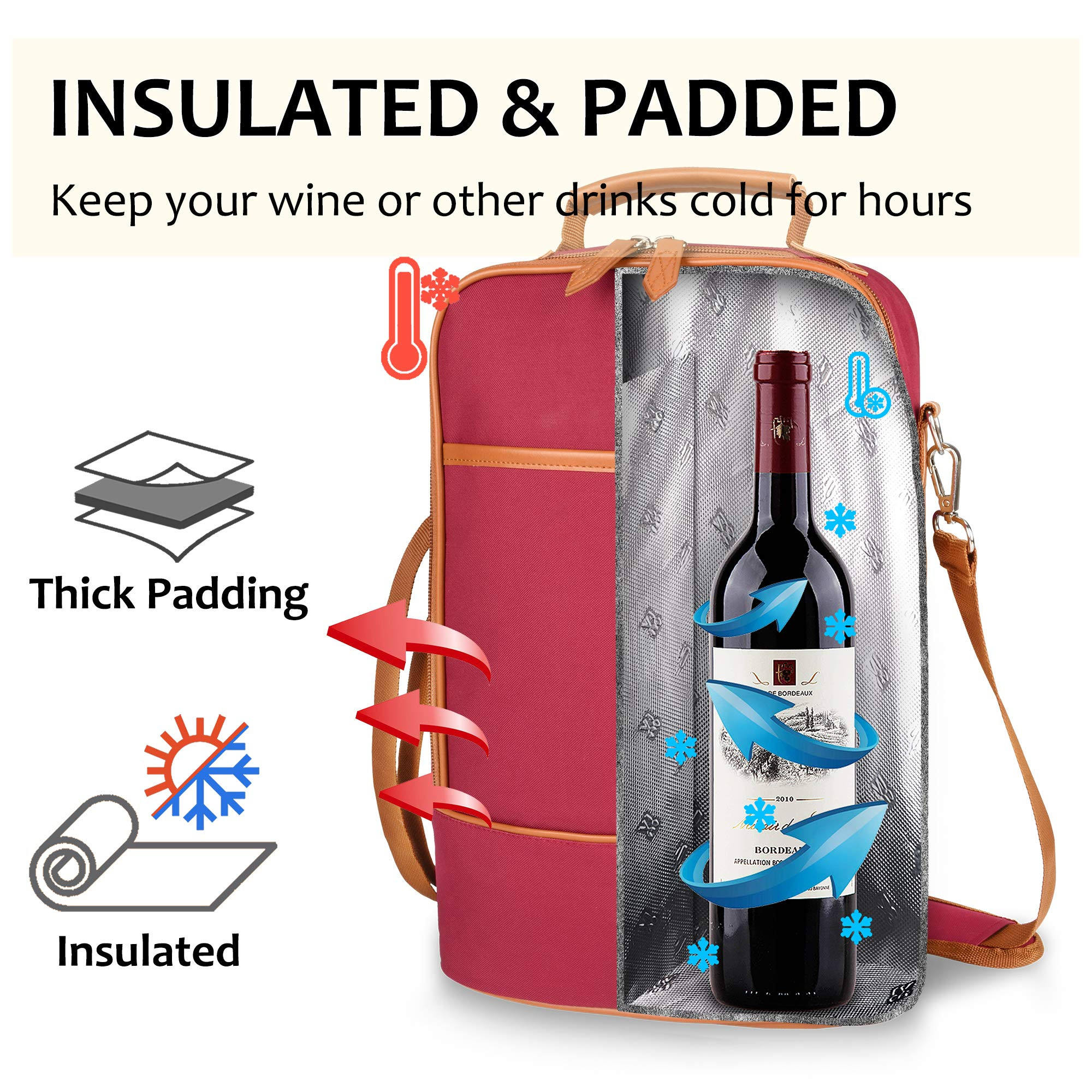Private label Insulated 2 Bottle thermal Wine Tote cooler Bag Carrier for men women gift with dividers and padded shoulder st