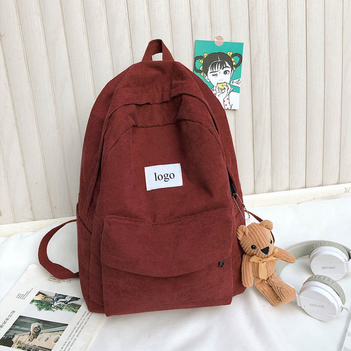 custom logo corduroy school backpacks lightweight women travel backpack