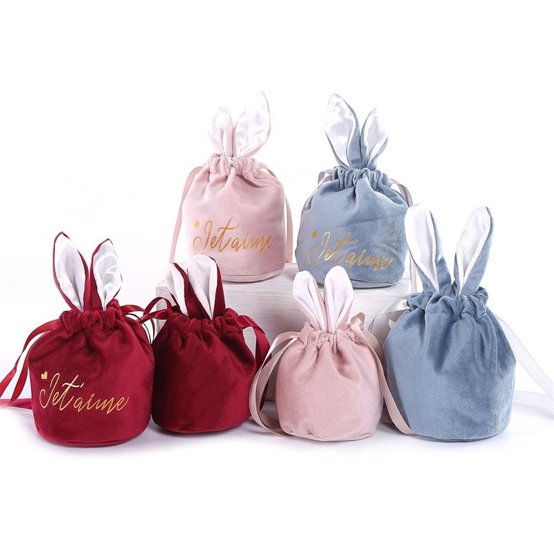 Cute Candy Color Velvet Christmas Halloween Candy Bag Rabbit Ear Easter Drawstring Gift Bags