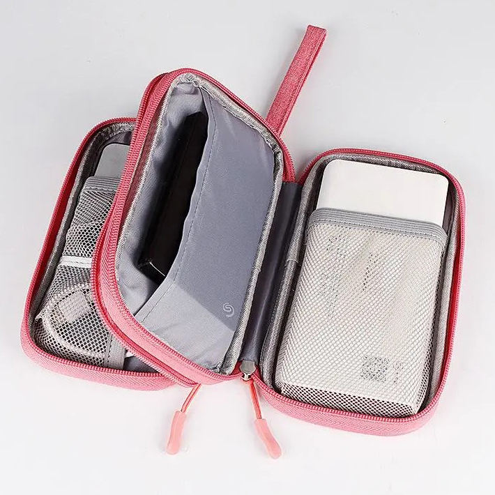 multi function double layer pink electronics travel organizer bag for charging cable power bank usb flash drive and hard drive