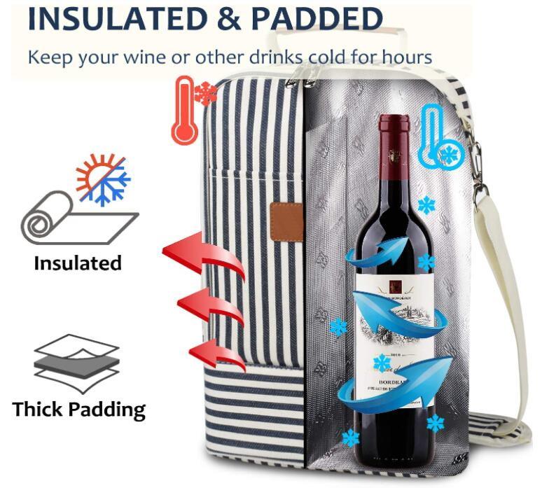 custom logo waterproof travel picnic striped 2 bottle thermal wine carrier bags beach insulated portable wine cooler bag