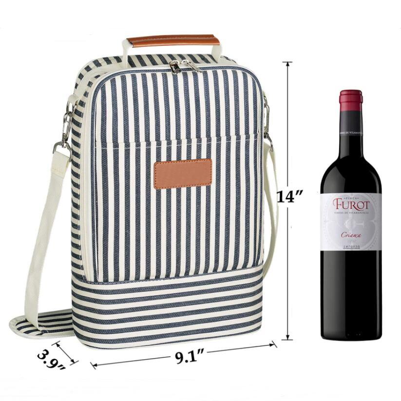 Custom stripe wine cooler carrier thermal bag leakproof travel picnic 2 bottles insulated wine bag