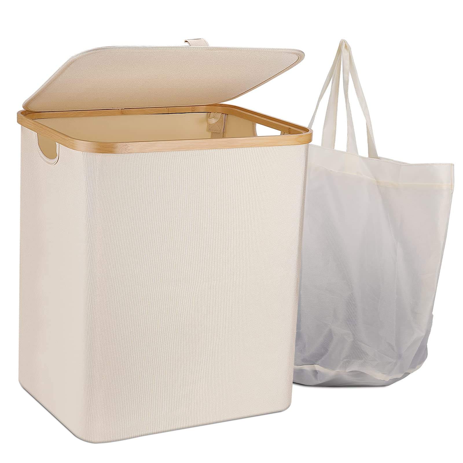 60L Collapsible Large Bamboo Laundry Hamper with Lid and Removable Laundry Bag, Waterproof Laundry Sorter Storage