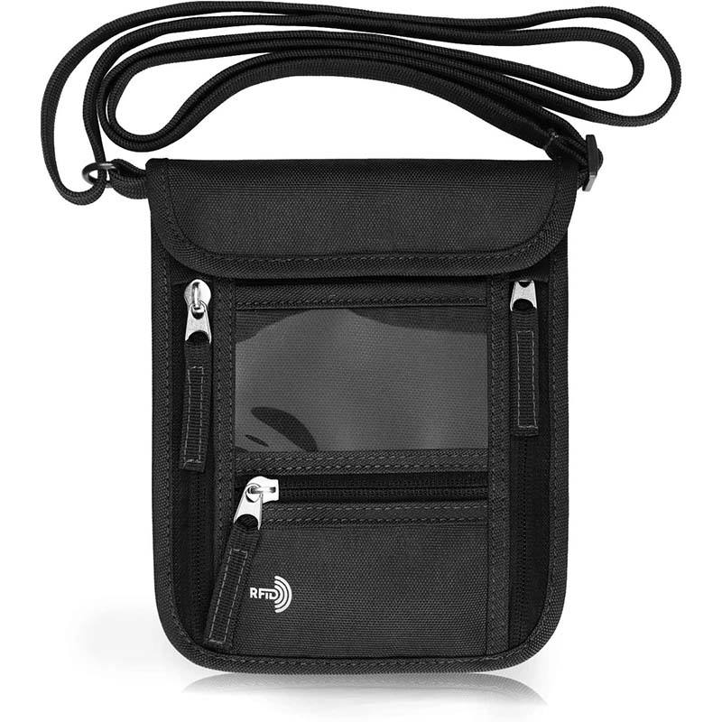 hidden security rfid blocking nylon organizer bag travel document neck wallet for cell phone, credit cards
