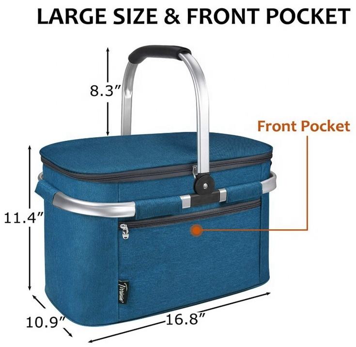 26L Large Capacity PEVA Lining Insulated Picnic Bag Portable Beach Drink Food Delivery Cooler Basket