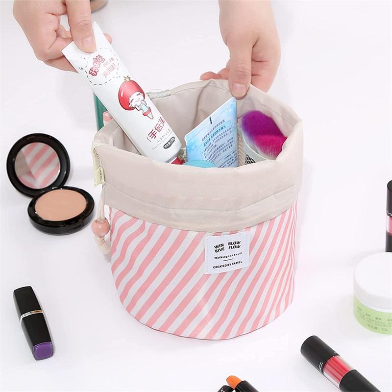Hot Sale Drawstring Stripe Cosmetic Makeup Brush Bag Barrel Shaped Travel Makeup Organizer Bags for Women